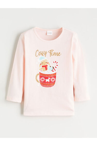 LC Waikiki Pink Crew Neck Printed Long Sleeve Girls Pajama Set