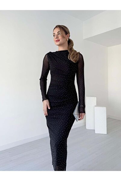 tiamoda Taşlı Midi Boy Tül Elbise