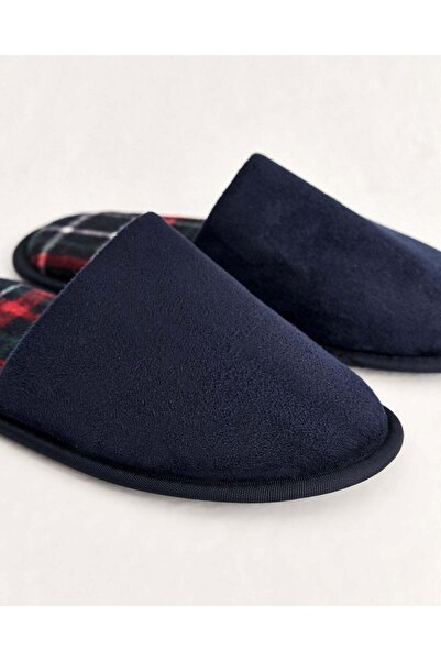 Chirpy Men's Navy Blue Suede Plaid Patterned Winter House Slippers - Luke-E