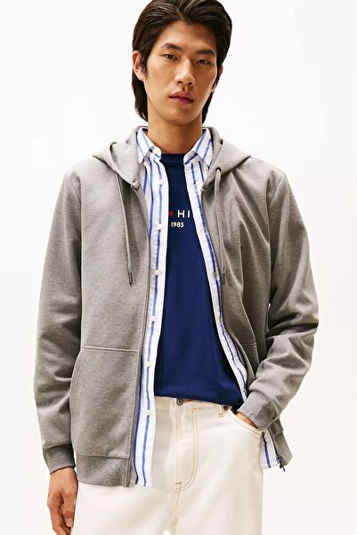 Tommy Hilfiger سويت شيرت إنتيكنو ذو بغطاء رأس سحابات للرجال - رمادي