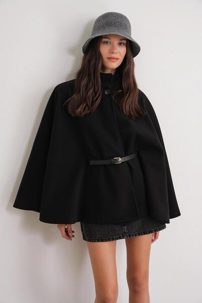 Mixray 4768 Poncho cu centură pentru femei Jachetă premium cu ștampila neagră