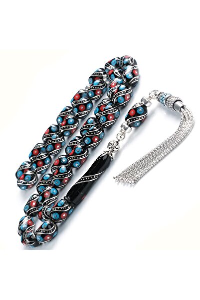 TESBİHCİBABA Red Blue Spiral Silver Design Erzurum Oltu Stone Prayer Beads