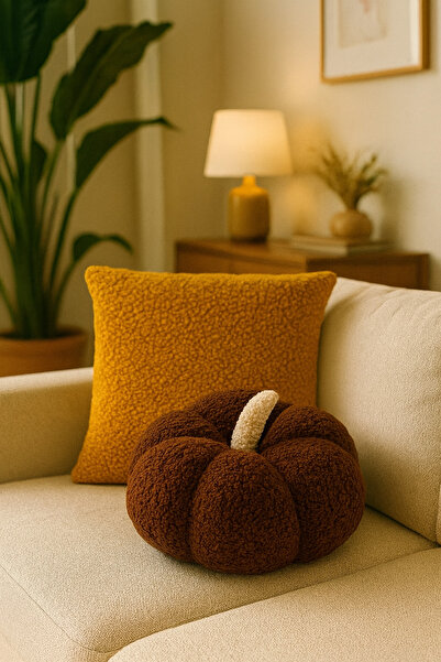 SAYMİNE Teddy Decorative Pumpkin Pillow and Inner-Filled Cushion (Mustard and Coffee) -