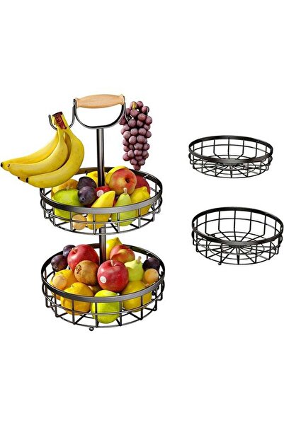 Arabest 2-Tier Fruit Storage Basket,Double Banana Tree Hooks,Wooden Carrying Handle (Black)