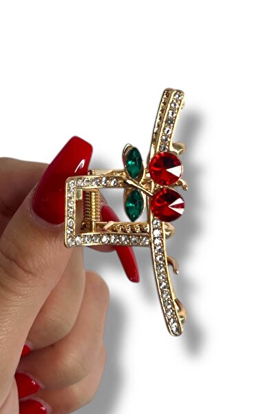 TAKIŞTIR Mini Metal Latch Buckle with Gold Color Cherry Figured Stone Detail