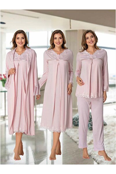 Lohusa Homewear طقم بيجامة نسائي وردي اللون بتصميم خاص من الدانتيل مكون من 4 قطع