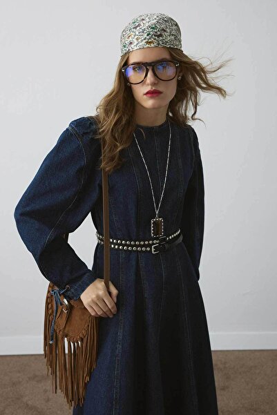 Hooopstore Kolları Bağcıklı Dikiş Detaylı Denim Lacivert Elbise