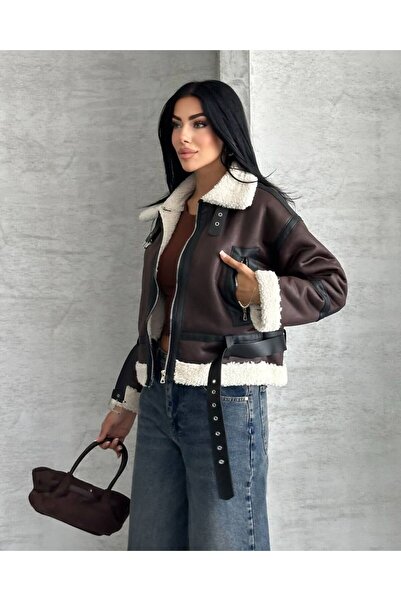 cottonage Дамско кожено палто с колан и кожена подплата - мотоциклетна кожена яке