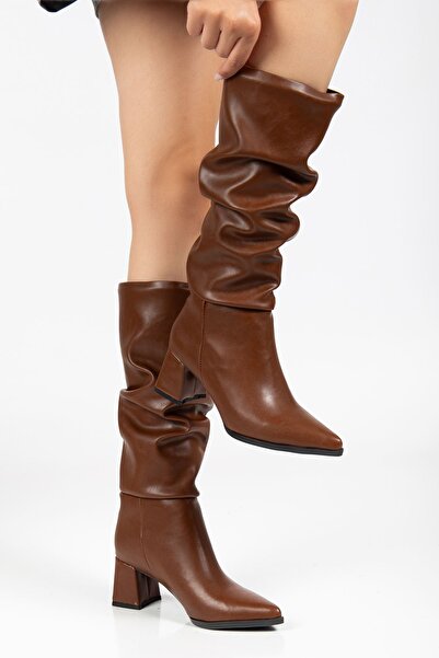 Hayalimdeki Ayakkabı Kadın Taba Cilt Körüklü Uzun Sivri Burunlu Topuklu Çizme