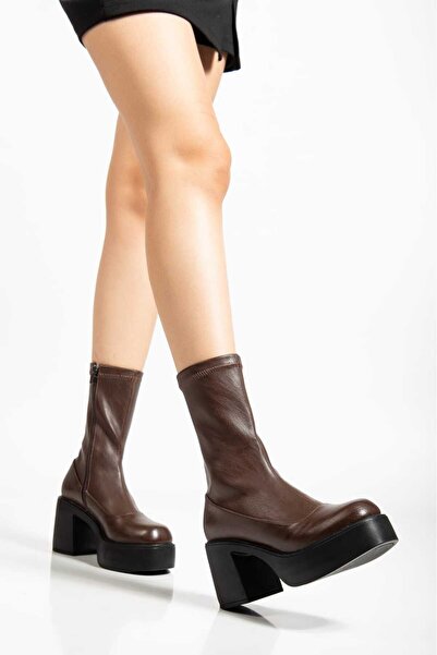 SHESTORE kadın bot kahve yüksek poli taban streç şık ve rahat k410