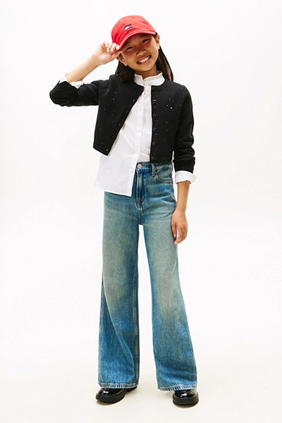 Tommy Hilfiger Kız Çocuk Slim Fit Pullu Bisiklet Yaka Hırka - Siyah