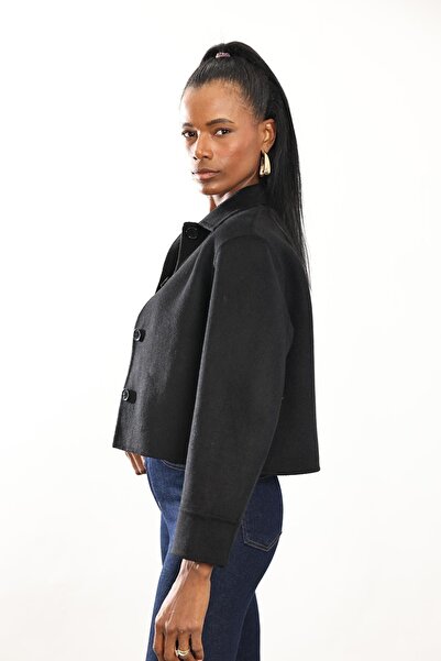 5in1Canpolat Black Shirt Collar Short Wool Coat