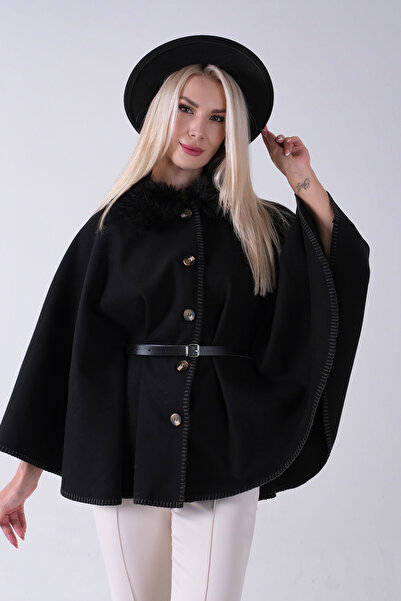 Feminist Yakası Kürklü Dikiş Detaylı Kemerli Panço Siyah 47122731