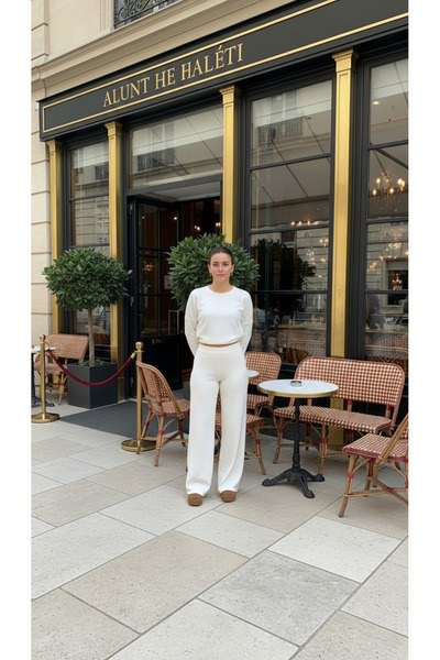 STYLENEST Women's Cotton Knitted Soft Elastic Waist Cream Pants