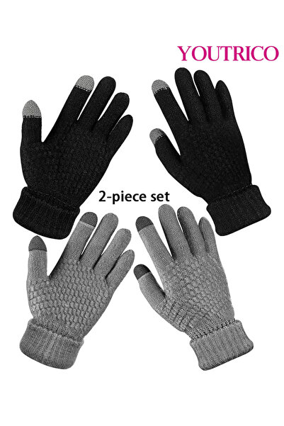 Youtrico 2 pcs Women's&Mem's Winter Gloves-Fleece Lining, Warm Knit-Elastic Cuffs for Cold Weather