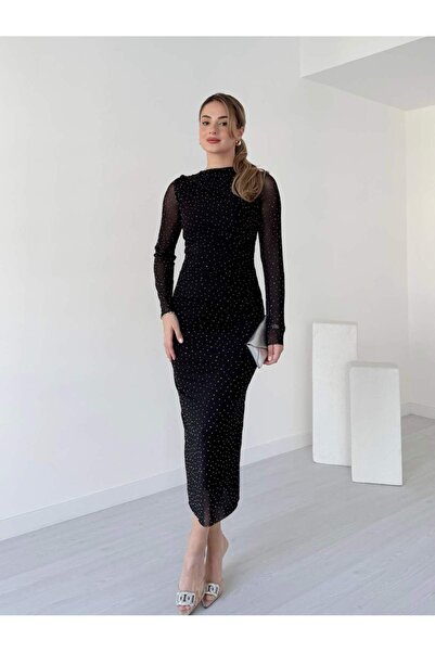 tiamoda Taşlı Midi Boy Tül Elbise