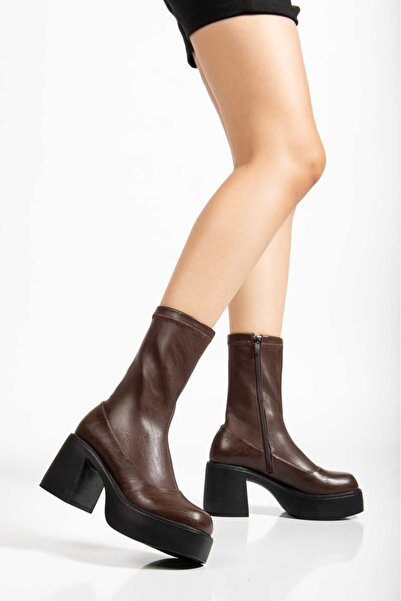 SHESTORE kadın bot kahve yüksek poli taban streç şık ve rahat k410