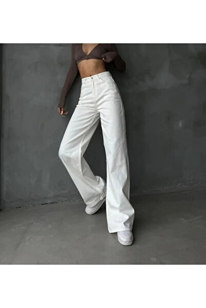 kleshus White Casual Palazzo High Waist Wide Leg Pants Jean-1
