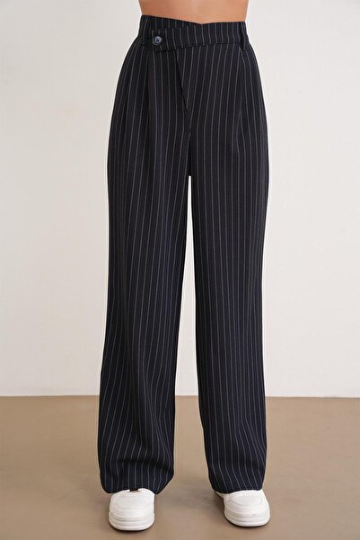 Mixray 4754 women's striped cross waist pants navy blue