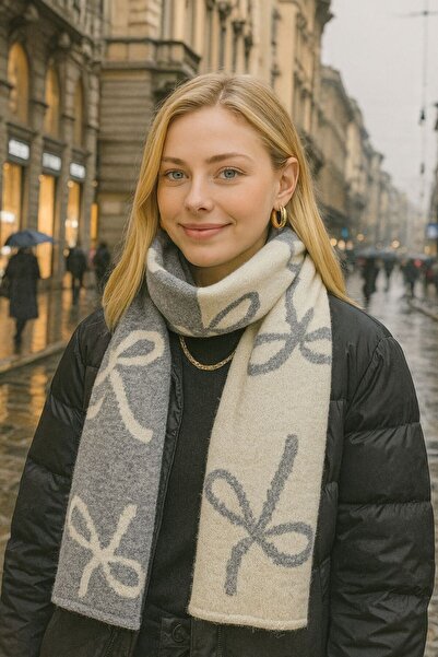 BALIENTE Eșarfă de lână pentru femei, gri ecru, cu model pe două fețe