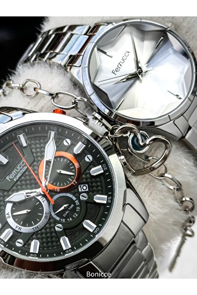 Ferrucci Sevgili Saatleri, Yeşil Gümüş Renk Çelik Kordon, Hediyelik Ayrı Kutularda Bileklik Hediyeli