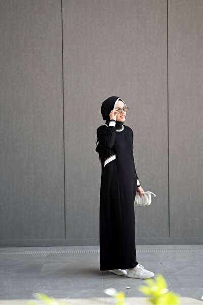 EBRU ALTAŞ Sena Elbise Siyah Bambu İki İplik Ribana Detaylı