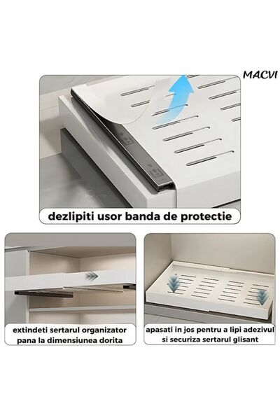 MACVI ® Extendable Cabinet Organizer, Metal, Sliding Drawer, Adhesive Mount, Large Capacity, White