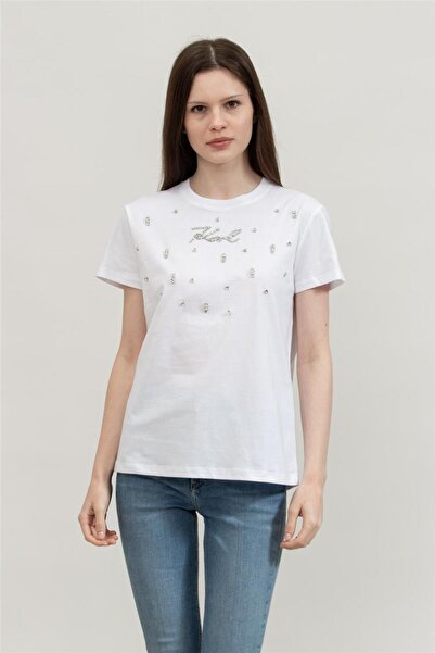 Karl Lagerfeld Kadın Bisiklet Yaka T-Shirt Beyaz