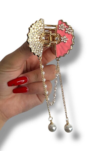 TAKIŞTIR Gold Color Fan-Shaped Metal Latch Buckle with Stone and Pearl Detailing