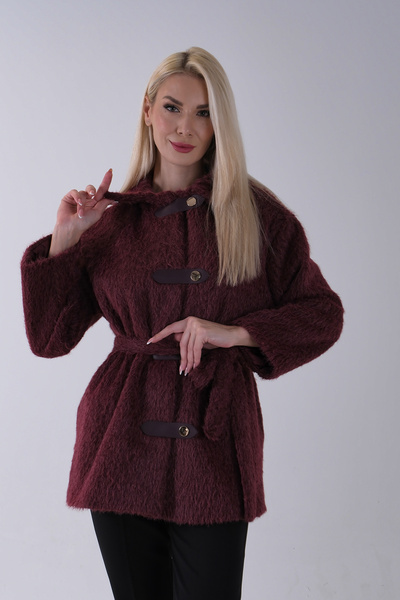 Feminist Gömlek Yakalı 4 Düğme Deri Bukle Detaylı Kaşe Yün Ceket Bordo 5307122