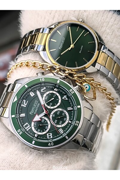 Ferrucci Couple Watches, Green Yellow Silver Color Steel Band, Gift in Separate Boxes with Bracelet Gift