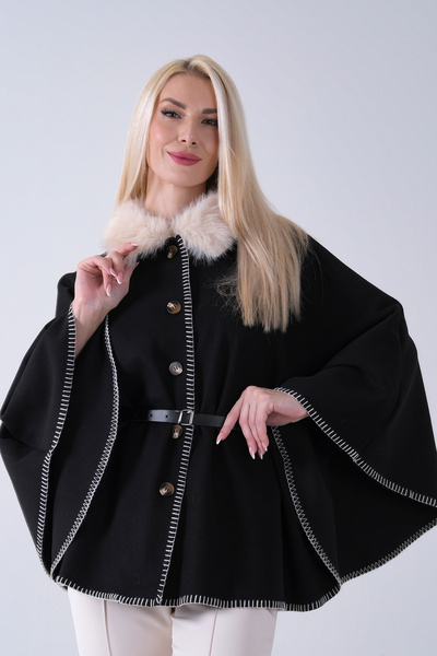 Feminist Yakası Kürklü Dikiş Detaylı Kemerli Panço Beyaz 47122731