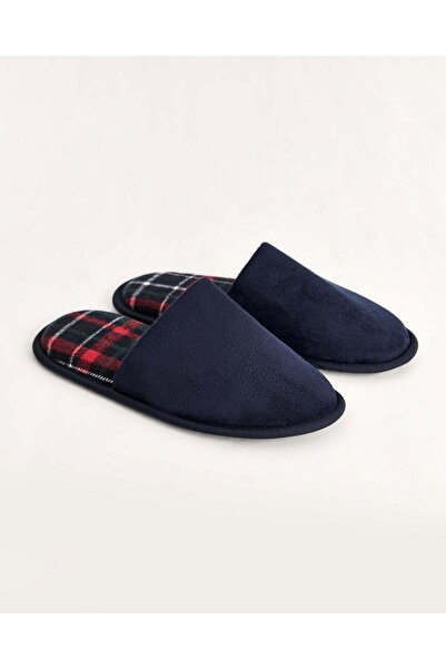 Chirpy Men's Navy Blue Suede Plaid Patterned Winter House Slippers - Luke-E