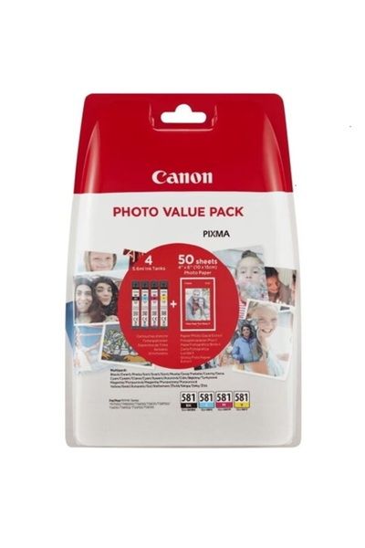 Canon Pachet cartuse originale cerneala CLI-581 Bk/C/M/Y + hartie foto 10x15 50 file