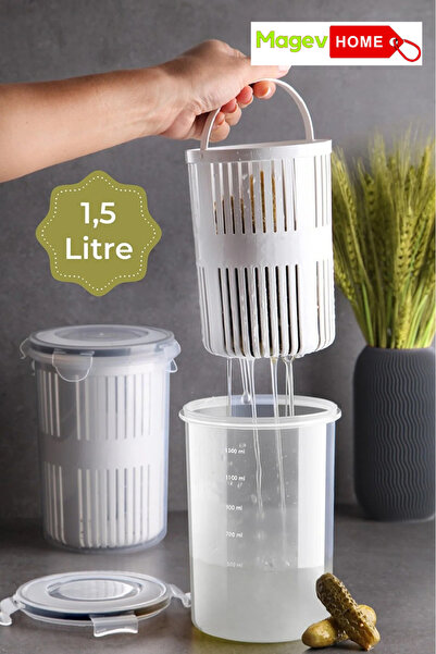 MAGEV PLASTİK Süzgeçli Saklama Kabı Zeytinlik Turşuluk 1,5 Litre