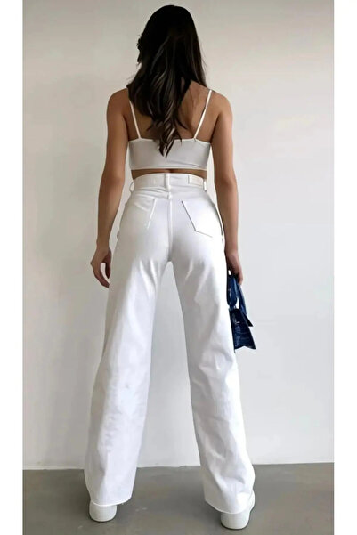 kleshus Women's Casual White Palazzo High Waist Wide Leg Pants Jean-2