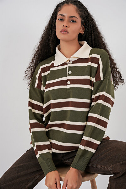 Bigdart Pulover tricotat cu guler polo cu dungi pentru femei 15952 - kaki