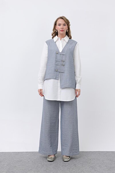 Puane Women's Front Vest-Looking Epaulette Trousers Set - 14327Tks - Indigo-Ecru