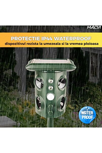 MACVI ® Ultrasonic Pest Repeller, 360°, Solar/USB, PIR Sensors, Strobe LED, Waterproof, Green