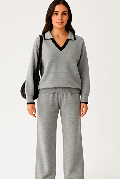 DağdevirenTkstl طقم تريكو نسائي رمادي اللون بياقة بولو