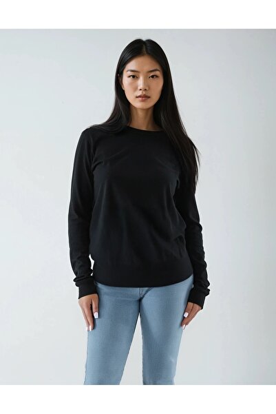 Yanı Yırtmaçlı Siyah Bisiklet Yaka Sweatshirt