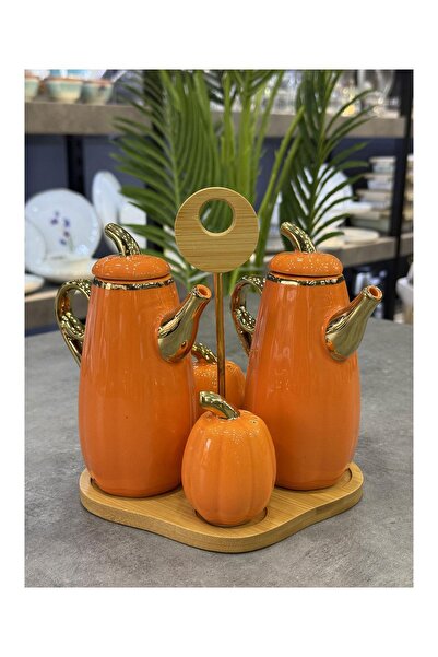 Doğudeko طقم زيت وملح من لافين مكون من 5 قطع بتصميم اليقطين باللون البرتقالي