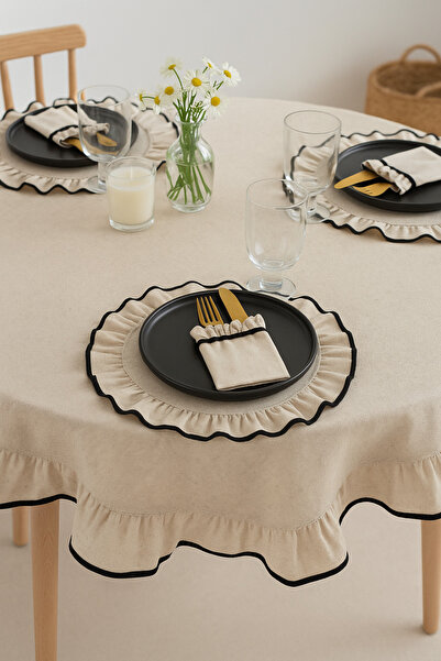 Mirilliahome Elite Frilly Piped Raw Linen Tablecloth – Frilly Beige Tablecloth