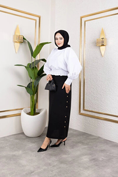 Nevayla Moda Scuba Fabric Button Detailed Skirt / Black - A106