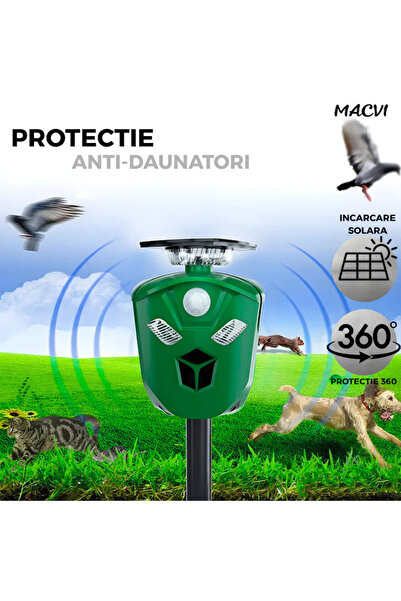 MACVI cvi® Triple Ultrasound Pest Repeller, 360°, Solar/USB, 3 PIR Sensors, Strobe LED, Green