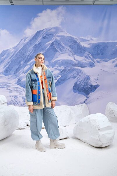 İLKCET MODA Denim Mix supradimensionat Palton de pluș pentru femei