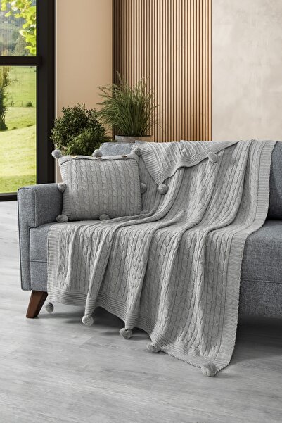 Sevim Set of 2 Pom-Pom Knit Throw Pillow Covers & Tv Blanket - Shoulder & Armchair Wrap Set - Light Gray