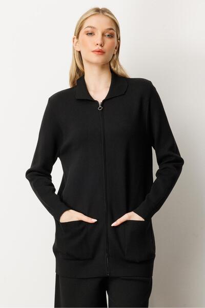 Mutlu Ertan سترة نسائية بياقة وسحاب وجيب مفصل من التريكو باللون الأسود 20240