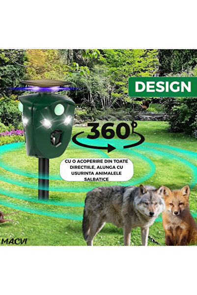 MACVI cvi® Triple Ultrasound Pest Repeller, 360°, Solar/USB, 3 PIR Sensors, Strobe LED, Green