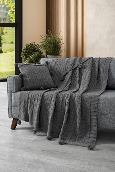 Sevim Комплект от 2 броя плетени възглавници с помпони и телевизионно одеяло - комплект шал за рамене и фотьойл - тъмно сиво